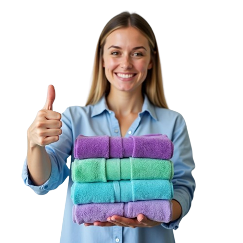 Smiling woman in blue shirt holding stack of colorful folded towels, giving a thumbs up.