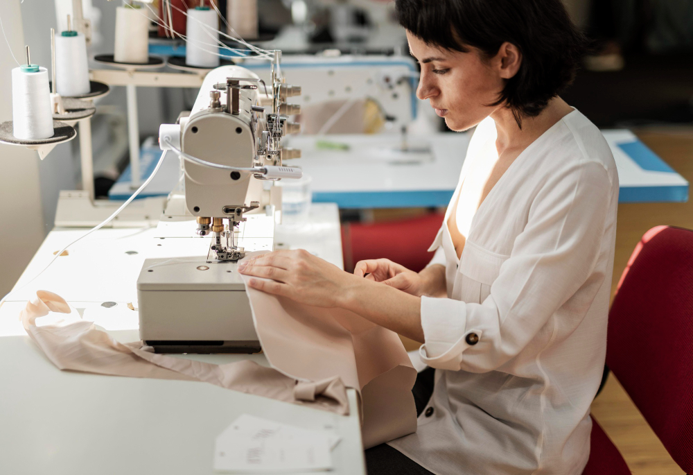 A woman sits at a sewing machine, stitching light-colored fabric in a well-lit workspace with spools of thread visible in the background.