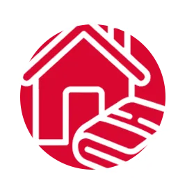 A red circle with a white outline of a house and an open book in the foreground.