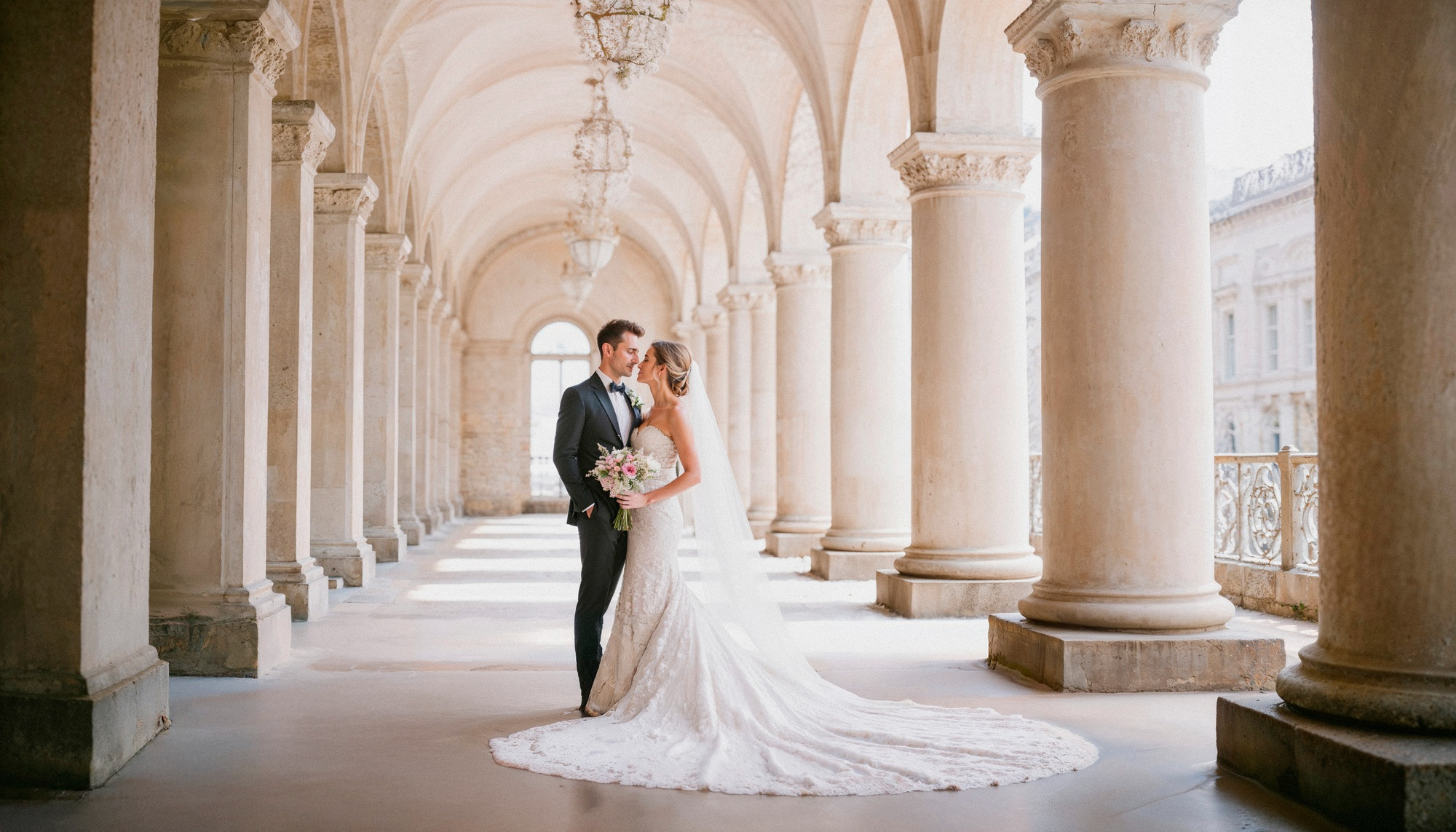 A bride and groom stand facing each other in a sunlit, columned hallway. The bride wears a long white gown and holds a bouquet; the groom is in a tuxedo.