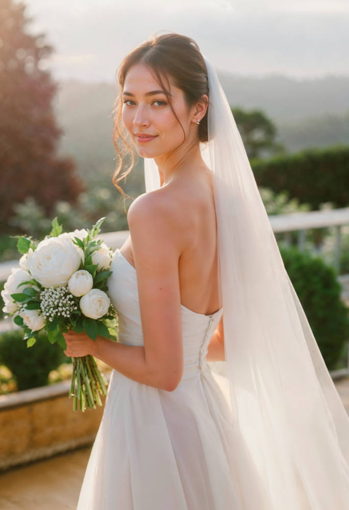 A bride in a strapless white wedding dress and veil holds a bouquet of white flowers, standing outdoors with greenery and hills in the background.