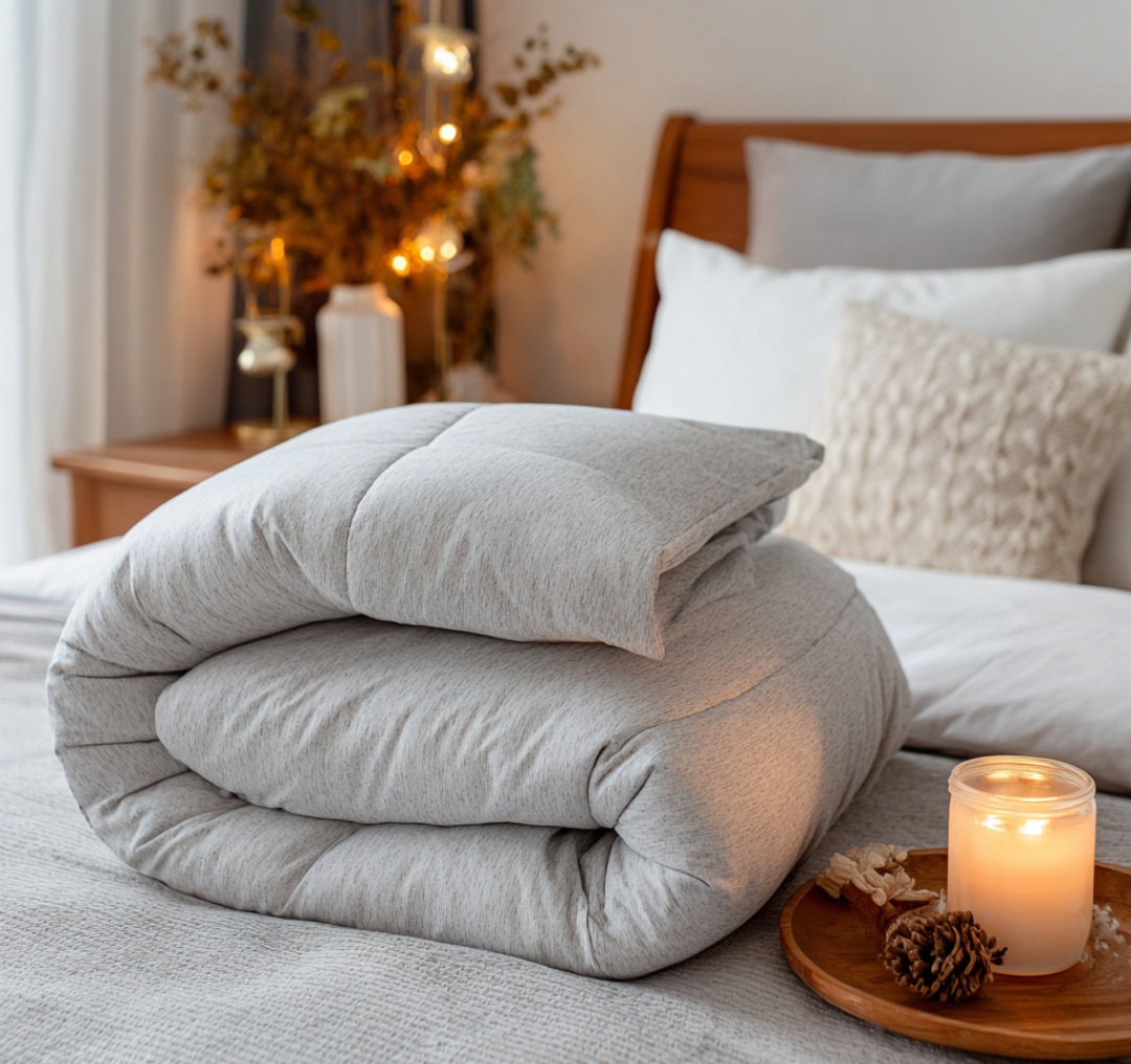 A neatly folded gray comforter on a bed, with a lit candle and pine cones on a wooden tray, and decorative vases in the background.