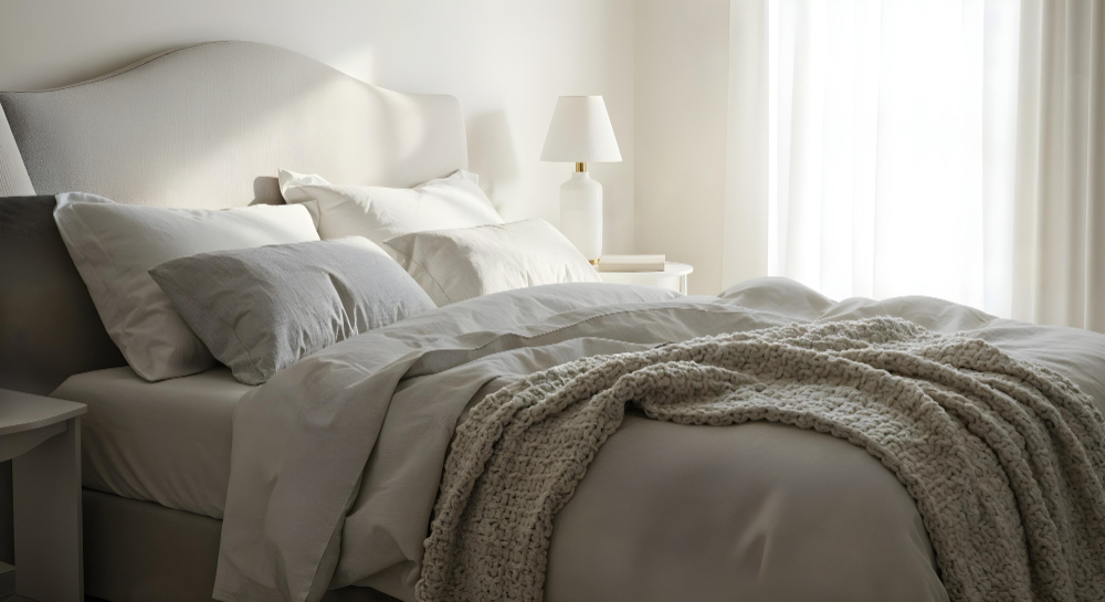A neatly made bed with white and beige bedding, pillows, a knit blanket, and a bedside table with a lamp, in a softly lit bedroom.