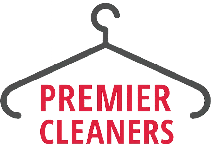 Gray clothes hanger outline above bold red text that reads "Premier Cleaners" on a white background.