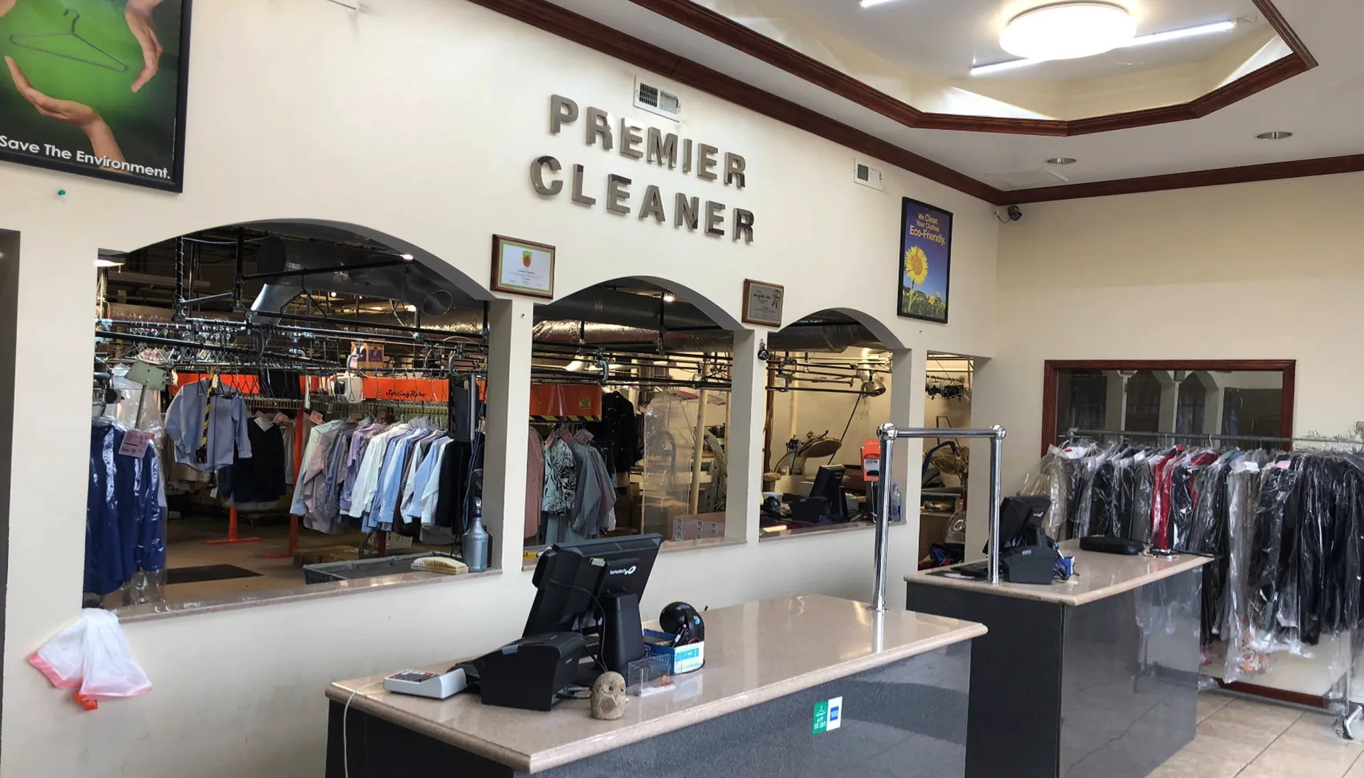Interior of a dry cleaning shop with